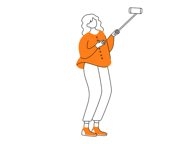 Teen girl takes phone selfie flat contour vector illustration