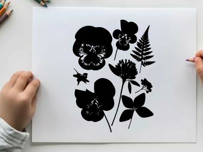 Silhouette of various flowers and leaves on white background