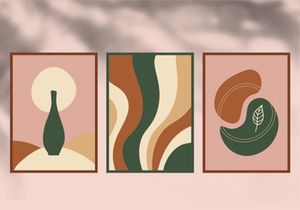 Abstract botanical poster set. Contemporary nature background set bohemian aesthetic, boho minimalist wall decor. Vector illustration.
