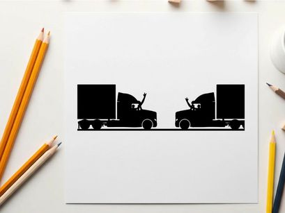 Silhouette of two semi trucks facing each other on a road