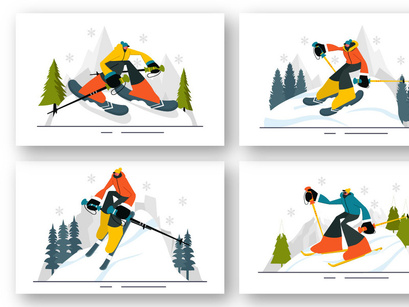 9 Skiing Winter Sport Activities Illustration