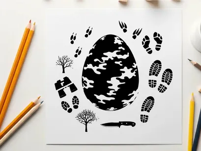 Silhouette of camouflage egg with footprints and outdoor objects