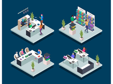 Modern book library isometric color vector illustrations set preview picture