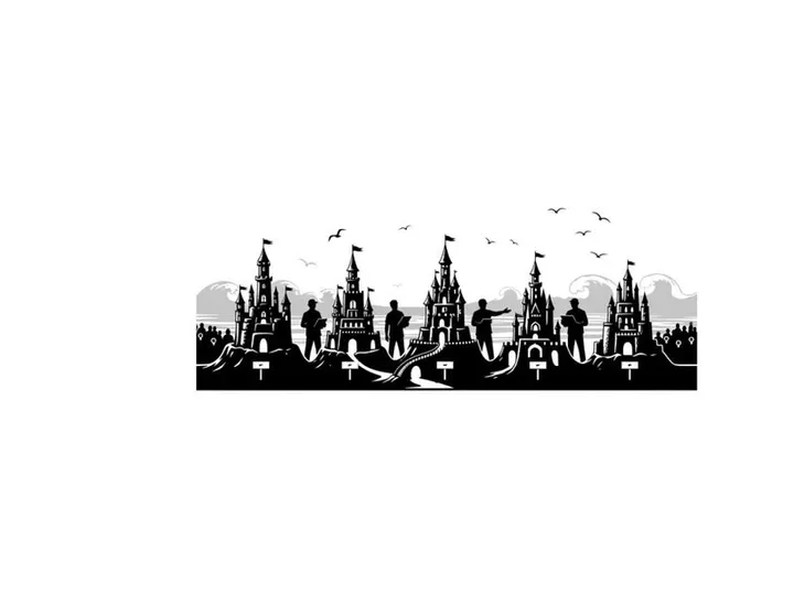 Silhouette of a medieval castle town with people and birds