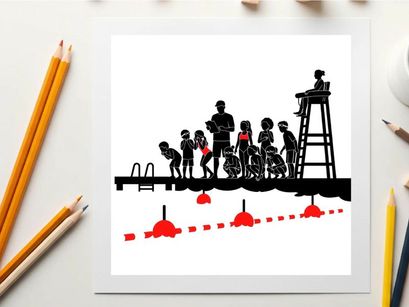 Silhouette of people on a dock with a lifeguard in a tower