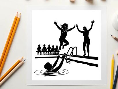 Silhouette of children playing and jumping into a swimming pool