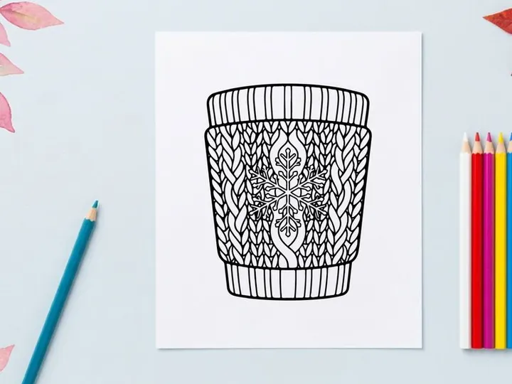 Christmas coffee cup sleeve with snowflake pattern line art illustration for coloring page