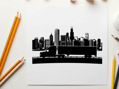 Truck driving across bridge with city silhouette