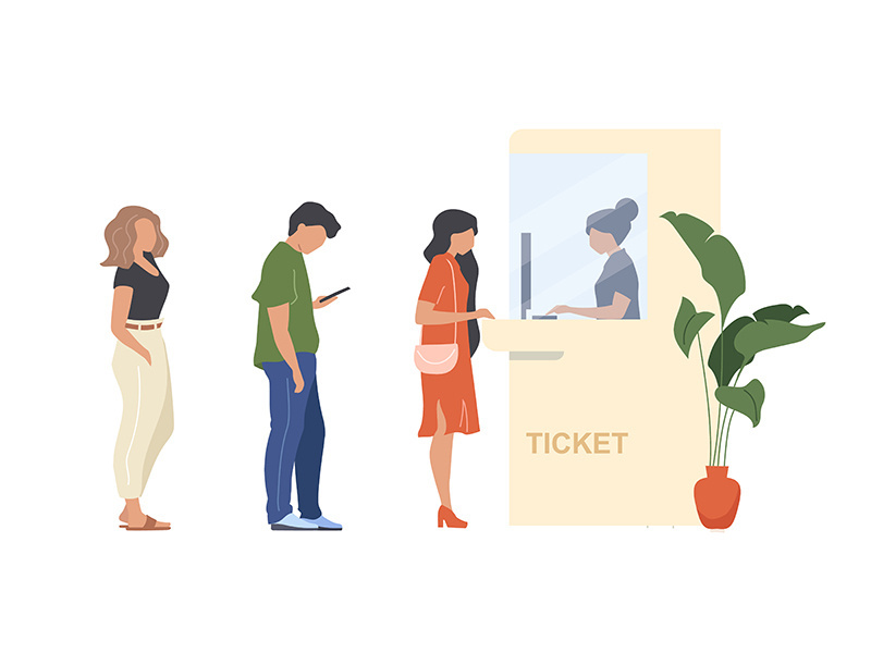 People buy ticket flat color vector faceless characters