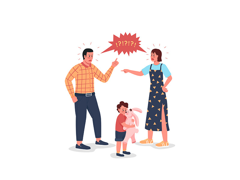Arguing parents with scared child flat color vector detailed characters
