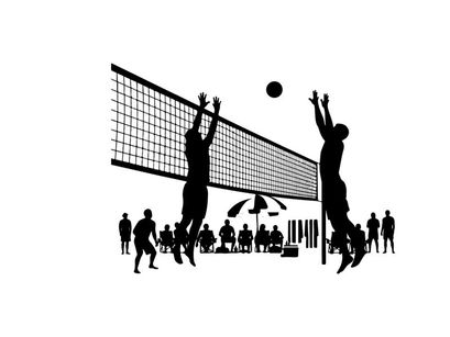 Volleyball players in action silhouette on the beach court
