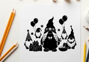 Black silhouette of gnomes celebrating a festive holiday with balloons and gifts