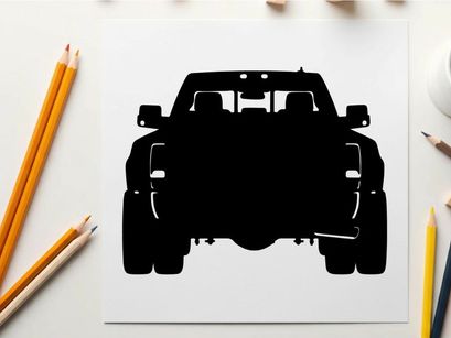 Silhouette of a black pickup truck facing forward on white background