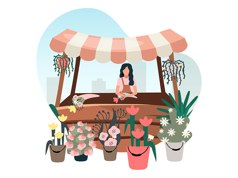 Flowers market stall with seller flat illustration