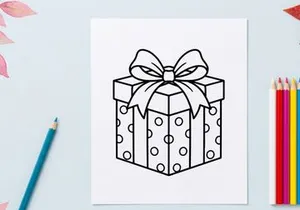 Christmas gift box with polka dot pattern and ribbon bow line art illustration