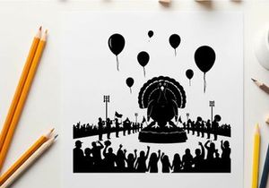 Silhouette of a crowd celebrating with balloons and a large statue