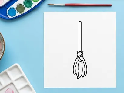 Witch broomstick icon with moon symbol. Magic broom line art for Halloween design.