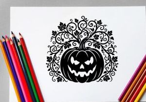 Halloween Pumpkin with Spooky Face and Decorative Vines