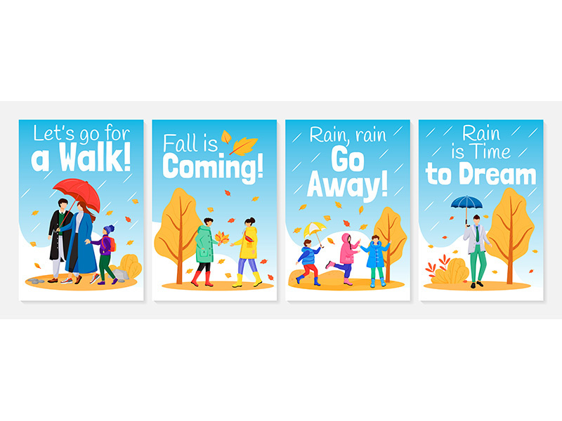 Walking in rain poster flat color vector templates set