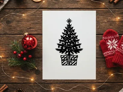 Black silhouette of a decorated Christmas tree in a gift box on a white background.