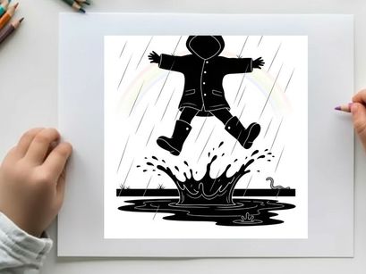 Silhouette of a child jumping in a puddle on a rainy day