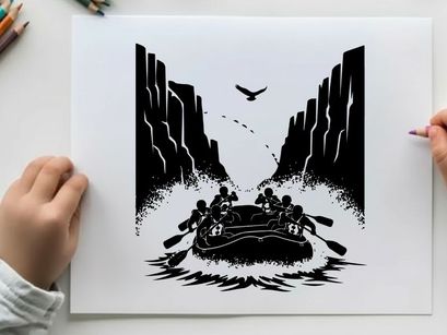 Silhouette of people rafting under a rainbow and flying bird