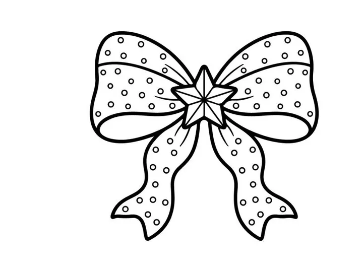 Christmas Bow with Star Icon, Festive Holiday Gift Ribbon Line Art Illustration