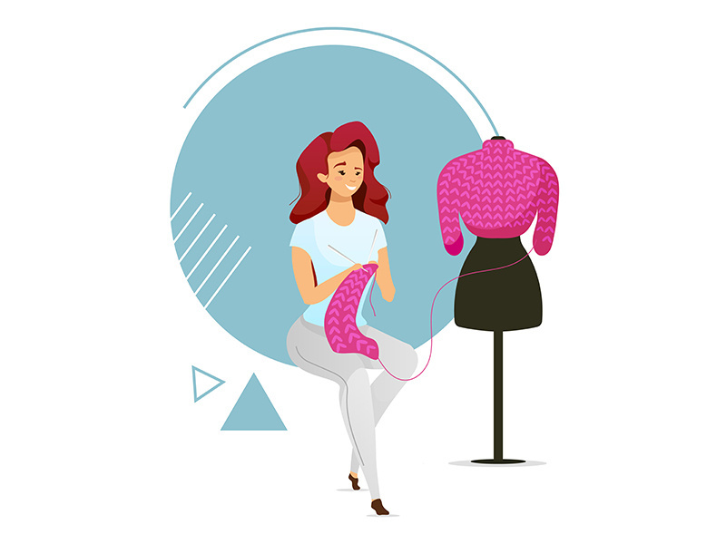Woman knitting sweater flat color vector illustration