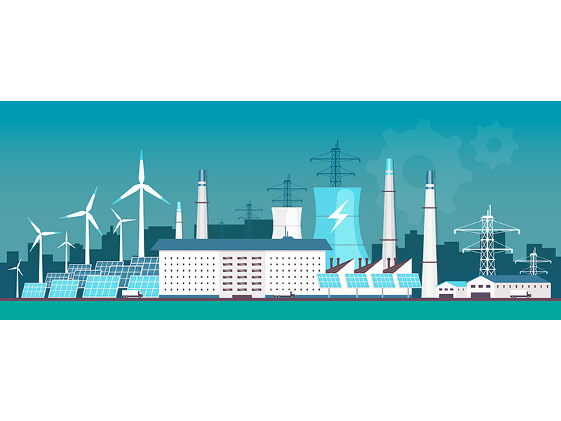 Eco friendly power plant flat color vector illustration