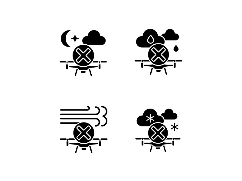 Safe drone operation black glyph manual label icons set on white space