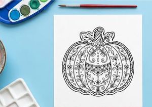 Hand-drawn pumpkin illustration for Halloween decor. Vintage-style autumn gourd sketch with intricate line art details.