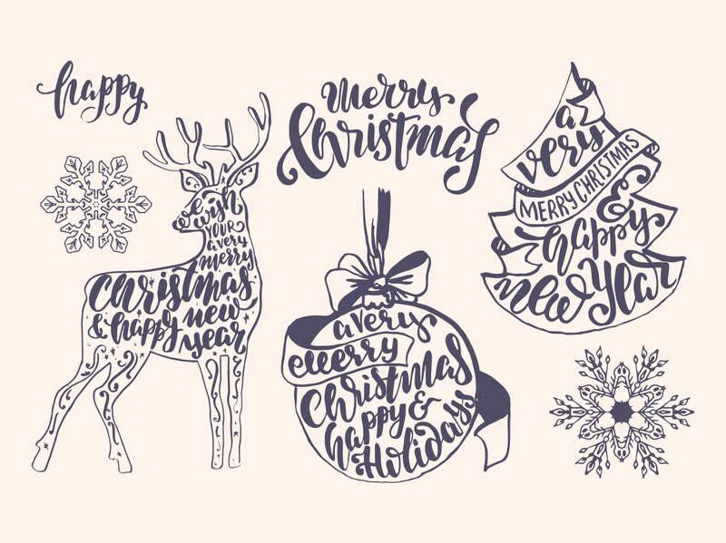 Lettering , typography inside chrismas elements and deer, ball, christmas tree, jingle, new year.