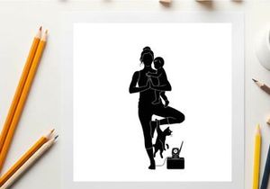 Silhouette of a woman with a baby and cat exercising