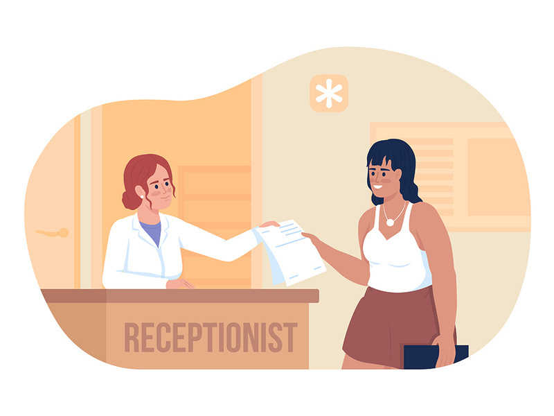 Woman and hospital receptionist 2D vector isolated illustration