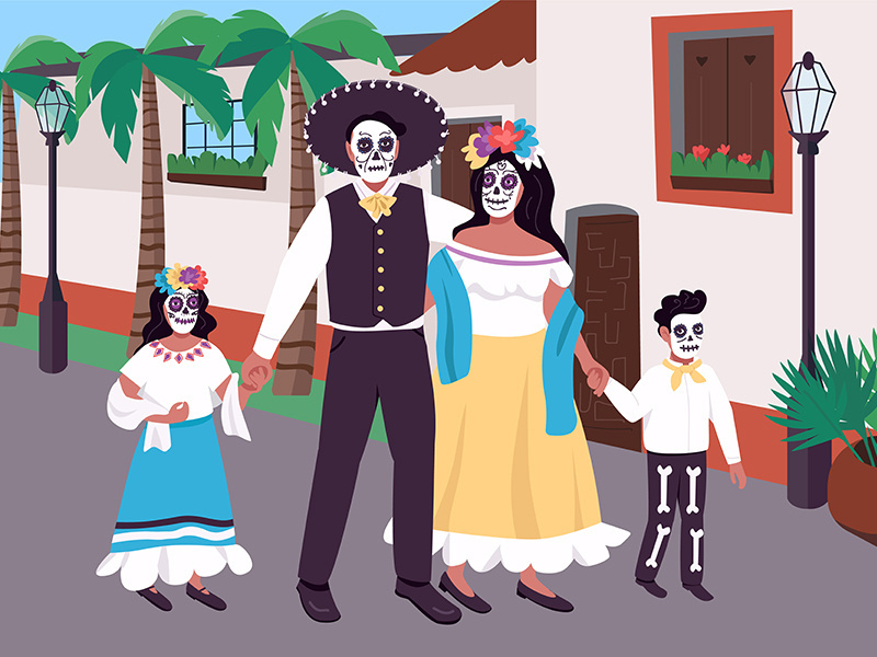 Mexican family at carnival flat color vector illustration