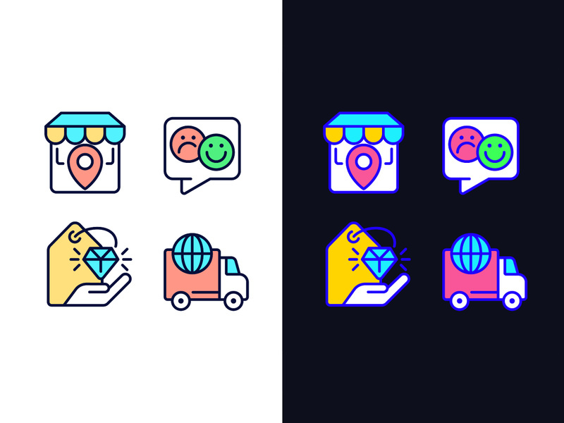 Shopping pixel perfect light and dark theme color icons set