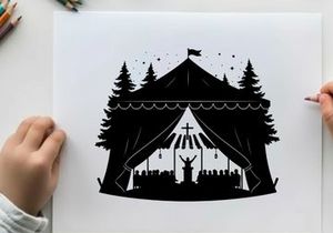 Silhouette of a person in a tent with a cross silhouette
