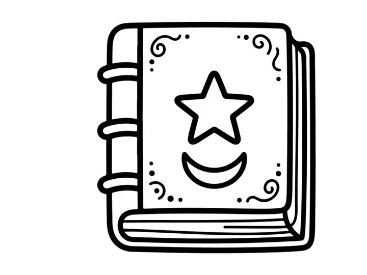 Hand-drawn Halloween open book with smiling star. Vintage spooky sketch of magical grimoire featuring cheerful glowing symbol.