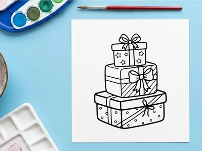 Stack of Christmas gift boxes with ribbons and bows in a black and white line art style