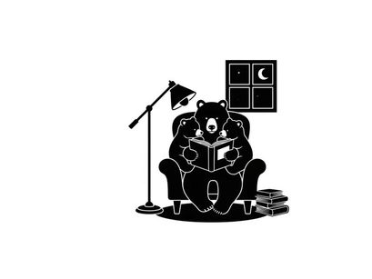 A silhouette of a bear reading a book in a cozy room at night silhouette