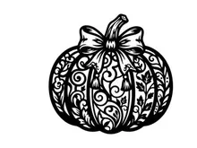 Dekorativer Halloween-Kürbis mit Schleife und floralen Mustern
