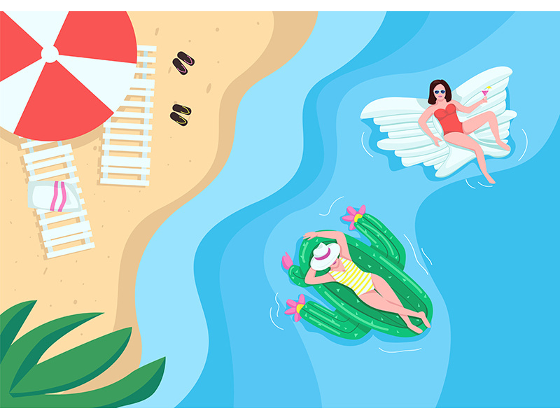 Women resting at sandy beach flat color vector illustration