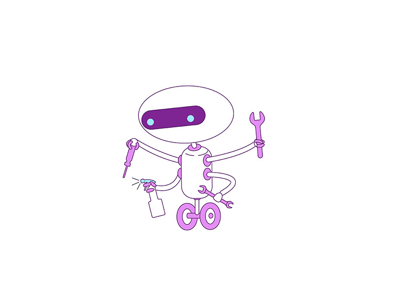 Cute modern helper robot with magnifying glass violet linear object