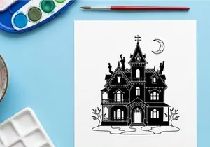 Haunted Victorian mansion illustration at night. Gothic spooky house with moonlit tower and eerie atmosphere.