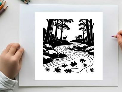 Serene forest stream with deer silhouette at dusk