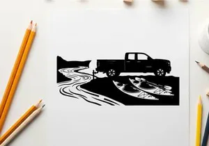 Silhouette of a pickup truck on a winding road in a rural silhouette landscape