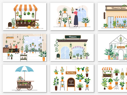 22 Flowers Store and Plants Shop Background Illustration