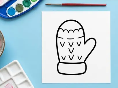 Hand-drawn Halloween mitten with spooky stitches waving. Cartoon winter glove featuring playful monster face for festive crafts.