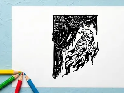 Ilustración artística en blanco y negro de una mujer fantasmal con cabello largo