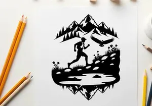 Silhouette of a person running in a mountainous landscape silhouette